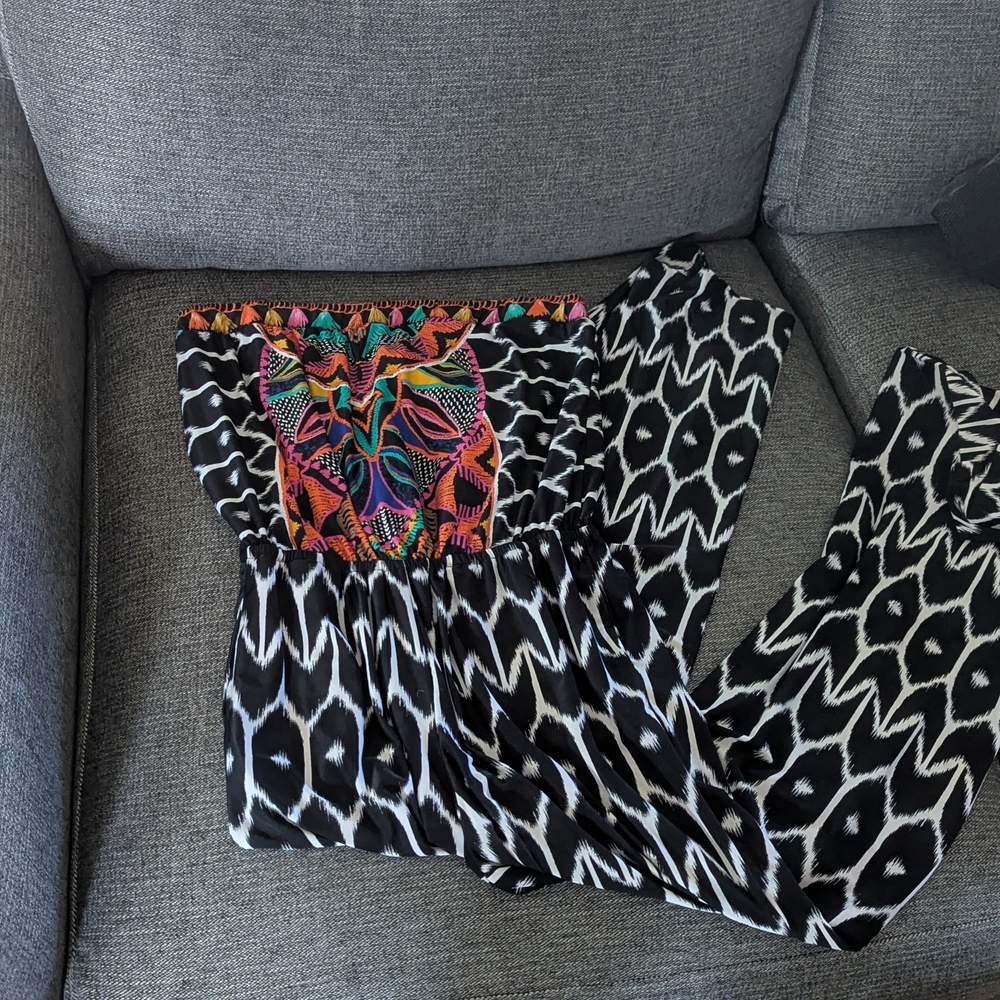 Black and White Patterned Jumpsuit with Colorful Embroidery